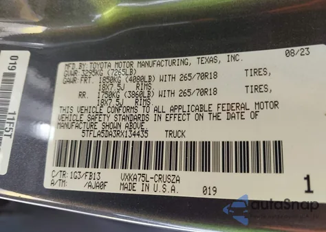 2024 Toyota Tundra Sr5 4Wd из США, поврежденный, VIN 5TFLA5DA3RX134435